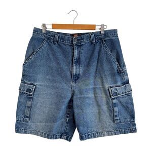 Y2K Route 66 Utility Cargo Denim Shorts Blue 36